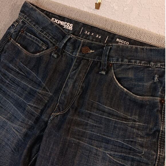 Express Jeans Rocco Mens 33X34 Dark Wash Slim Boot Cut Distressed Street - Picture 7 of 16
